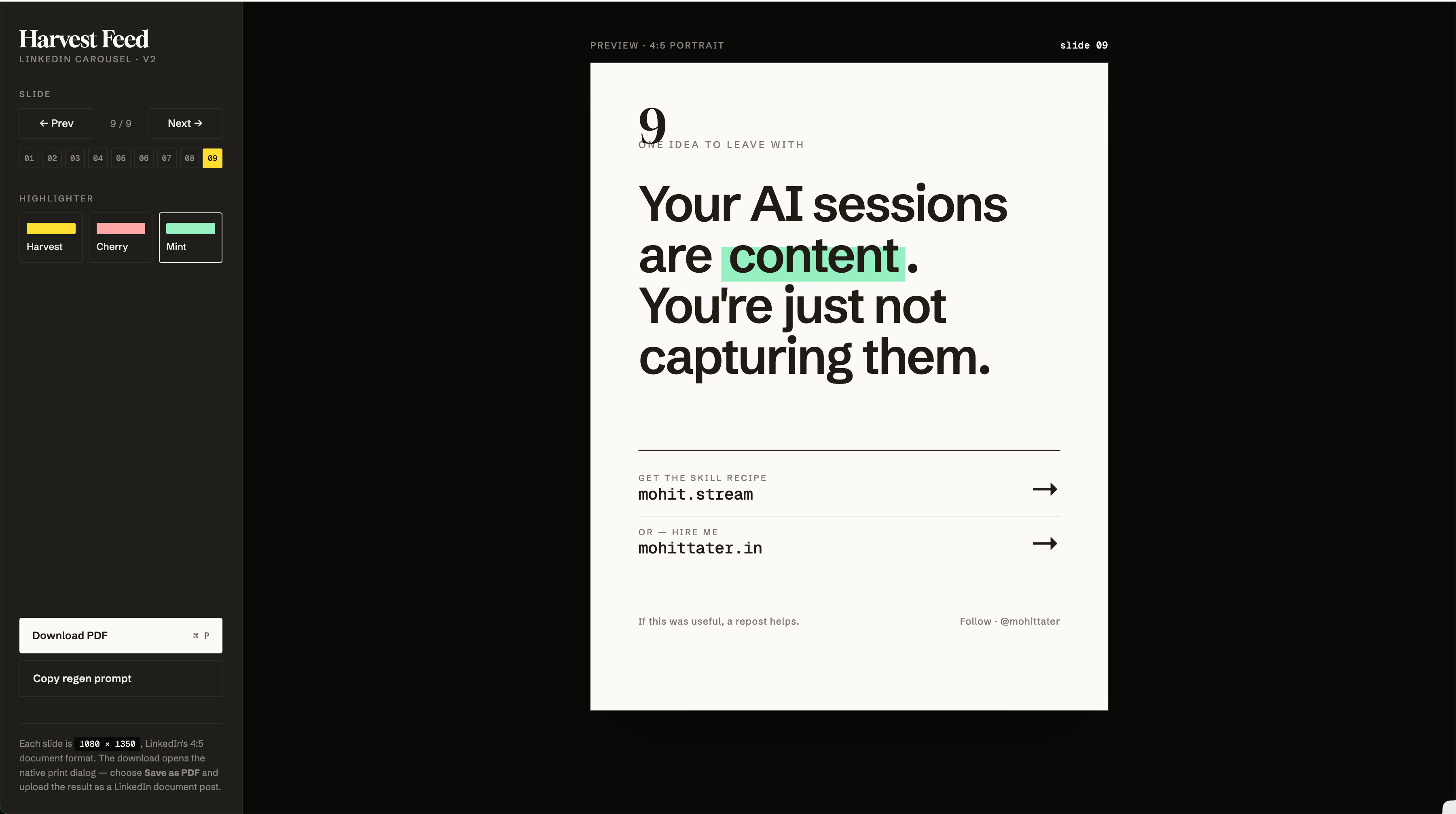 Same carousel reworked by /impeccable with different fonts, motif, and chrome