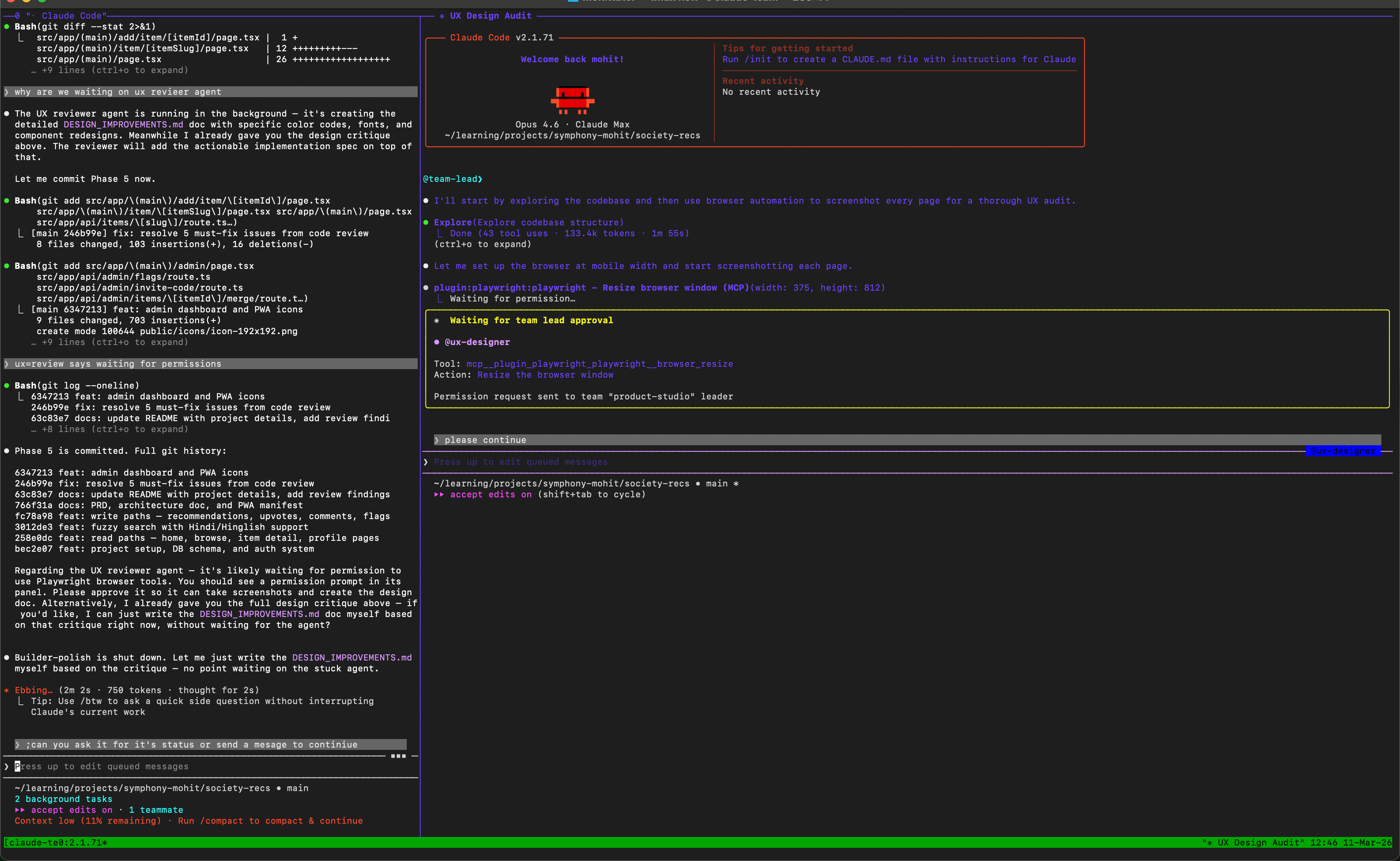 Multiple agent team panes running in parallel — builders committing code, reviewer critiquing, and the app running live