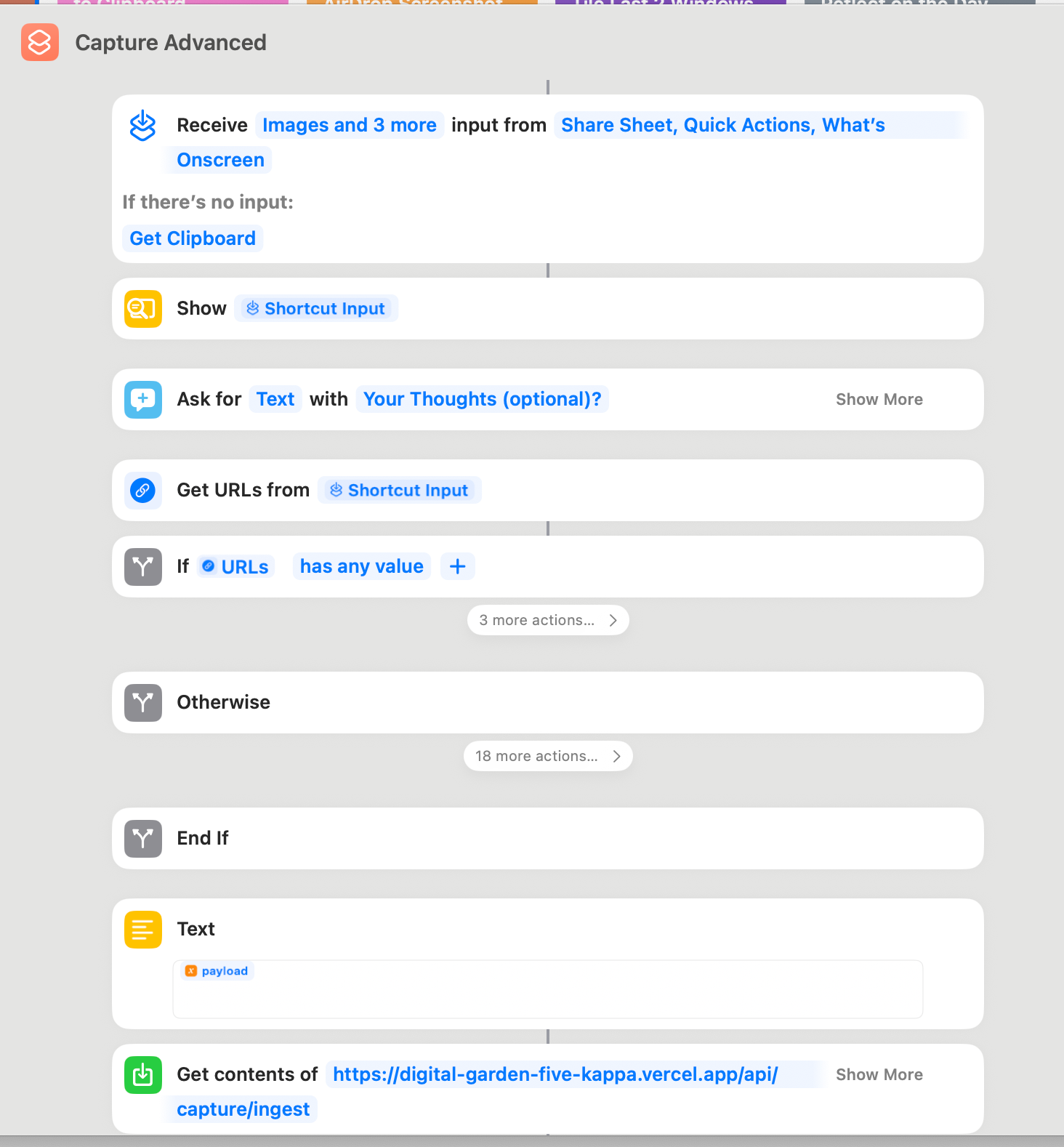 iOS Shortcuts workflow showing capture actions and API integration