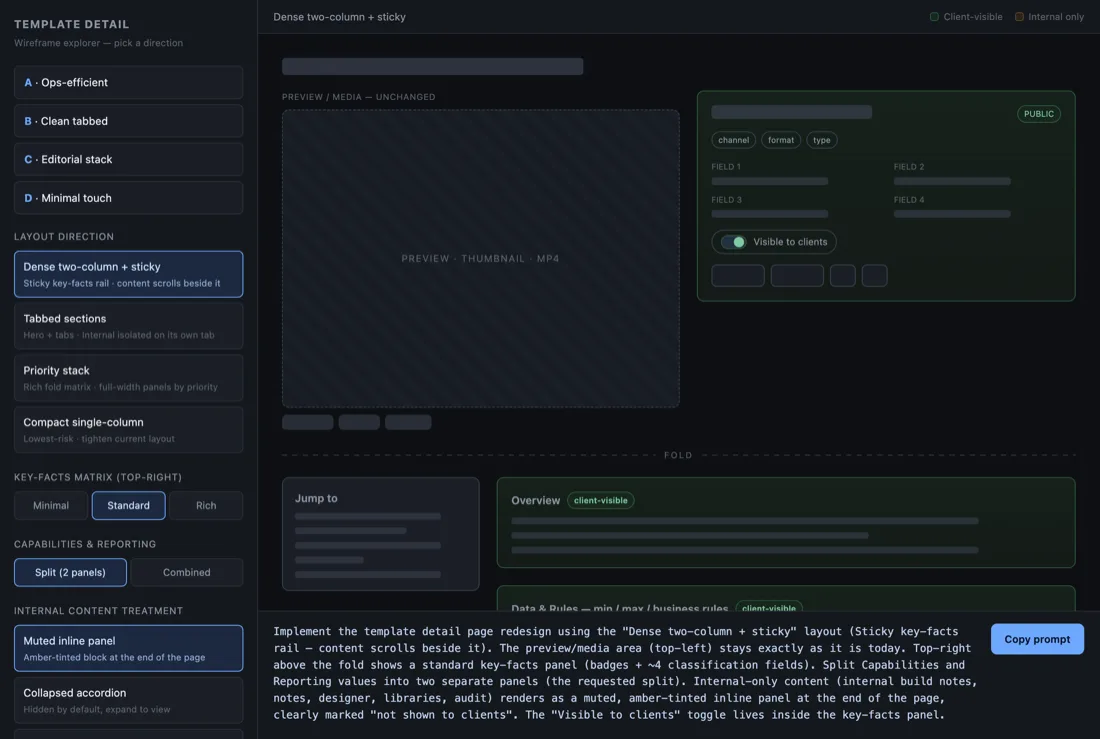Wireframe playground with layout and density controls beside a live page preview