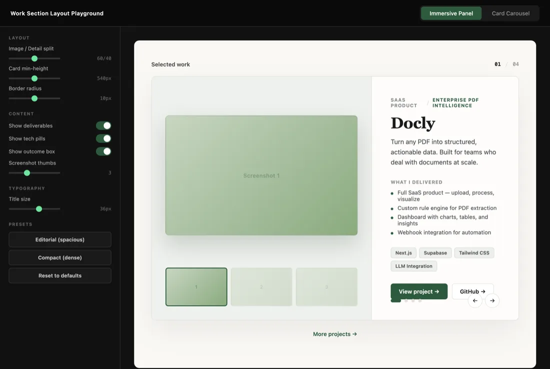 Portfolio work-section playground with layout controls beside a live preview