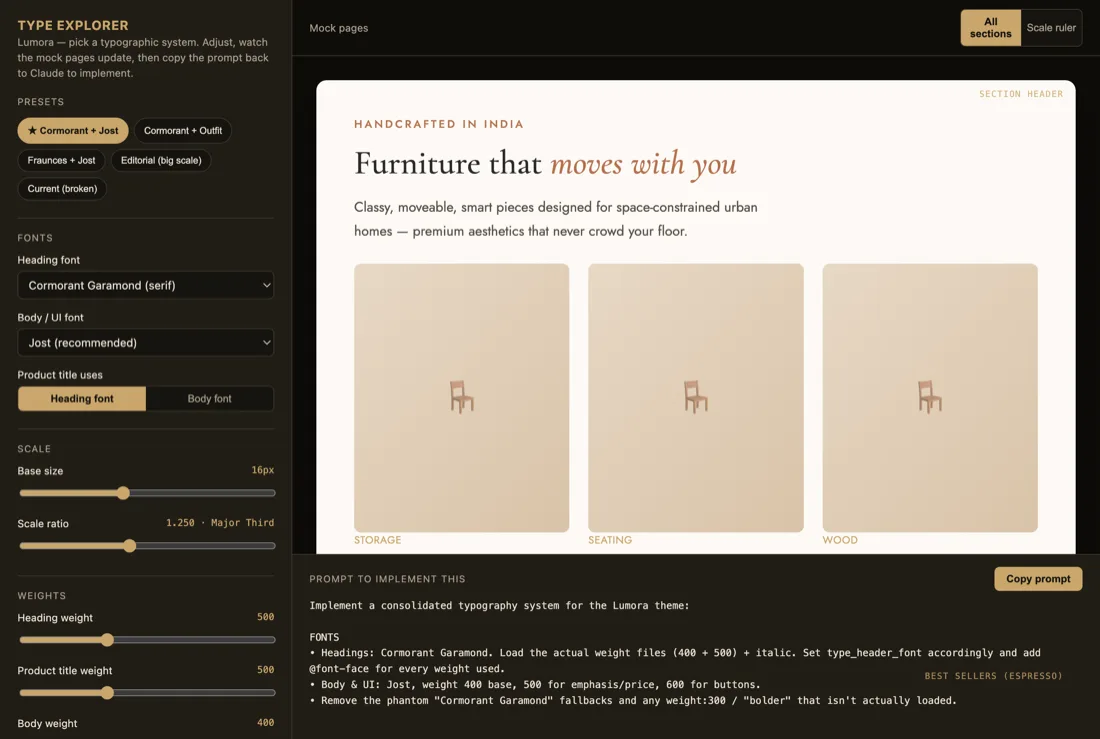Typography playground: font controls on the left, a live store preview on the right